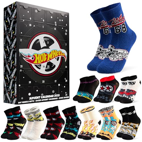 Get Trend Hot Wheels Calendario Adviento 2025 con 24 Pares Calcetines Originales para Niños, 27–32, Diseños Coches Divertidos, Regalo Original (Negro Hot Wheels)