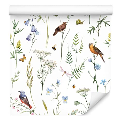 Muralo Vlies Tapete 10m Tapeten Rollen VÖGEL Blumen Blätter Insekten Natur Dekor XXL Vliestapete 1000 x 53cm Wand Tapete Esszimmer Wohnzimmer Schlafzimmer Moderne Muster Wand Dekoration