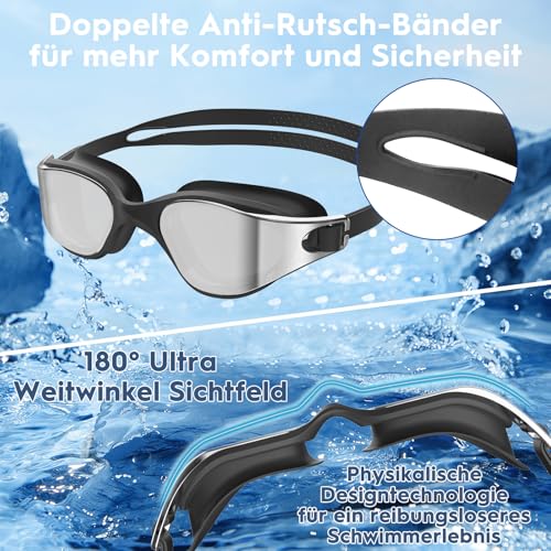 Roujune Polarisiert Schwimmbrille Herren Damen, UV-Schutz, Anti-Nebel, Verstellbarer Gurt, Komfortable Passform, Profi Schwimmbrille für Erwachsene und Jugendliche Mit Nasenklammer und Ohrstöpseln