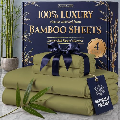 Image of DECOLURE 100% Viscose Derived from Bamboo Sheets King Size - Luxury 4 Pc Naturally Cooling Sheets, Ultra Soft Bed Set - Deep 17 inch Pockets, Durable Double Stitching, Oeko Tex Standard (Light Olive)