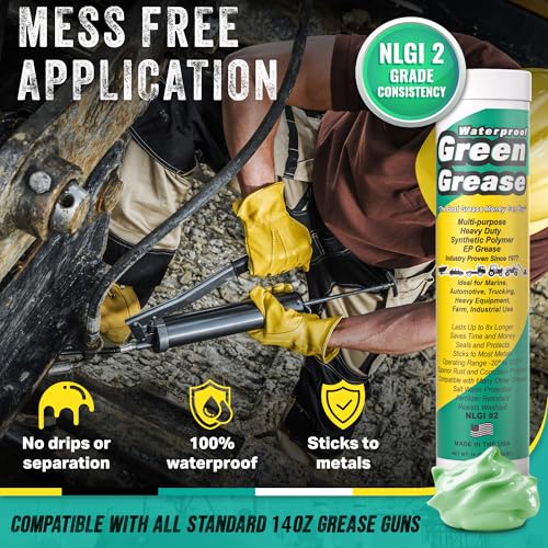 Image of Ultra Heavy Duty Green Grease Tube (14oz, 10 Pack) for Grease Gun - NLGI 2 Lithium, High Temp Waterproof Marine Grade, Rust Resistant Wheel Bearing Lubricant for Auto, Farm & Home Use - American Made.