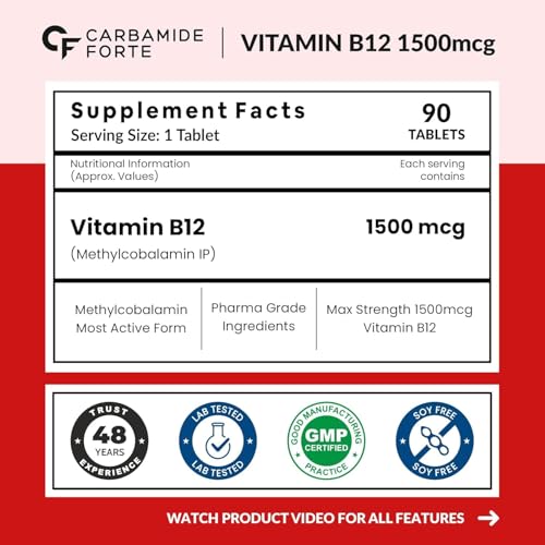 Image of Carbamide Forte Vitamin B12 Tablets 1500 mcg -Active form of Methylcobalamin Vitamin B12 Supplements for Men & Women- 90 Tablets