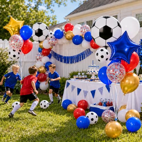 Image of Soccer Balloons, Red Gold Blue Balloons, Soccer Sports Theme Party Balloons