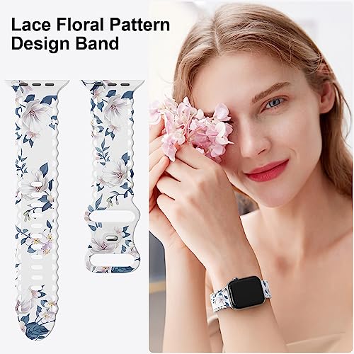 Flower Lace Band Compatible with Apple Watch Band 40mm 44mm 41mm 45mm 38mm 42mm Women, Silicone Floral Print Sport Strap Replacement Wristbands for iWatch Series Ultra 9 8 7 6 5 4 3 2 SE -Lily 38