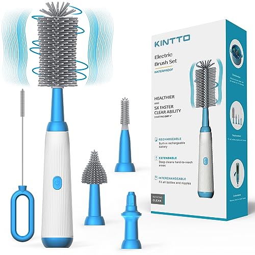 Image of KINTTO Upgraded Electric Bottle Brush Cleaner Set, Baby Bottle Brush Cleaning with Rechargeable，Waterproof Replaceable 2 Nipple and Straw Silicone Brush，Gift for Pregnant Women and New Moms (Blue)