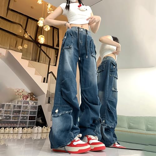 Y2K Gothic Grunge Casual High Waist Straight Wide Leg Vintage Ripped Distressed Drawstring Pleated Cargo Jeans3