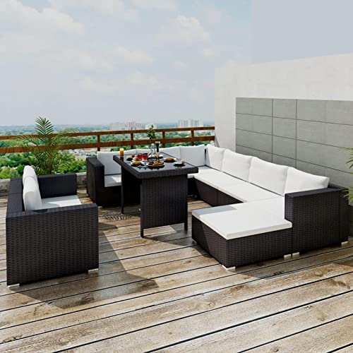 Yolola Juego de muebles de jardín, sofá de jardín, balcón, salón, sofá, esquina, jardín, terraza, muebles de terraza, juego de 10 piezas, 2 unidades, color negro