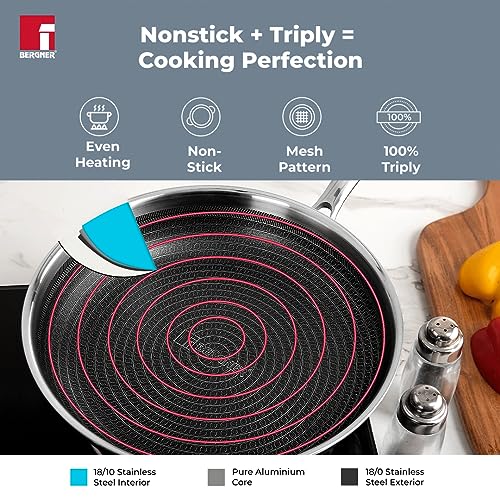 Image of Bergner Hi-Tech TriPly Stainless Steel 20cm Frypan with Glass Lid, Honeycomb Non-Stick Coating, Non-Toxic, Healthy Cooking, Less Oil Use, Durable Handle with Excellent Grip - Induction and Gas Ready