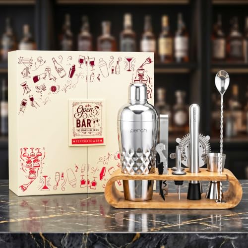 Image of O' Holic By Perch Cocktail Shaker Gift Set|10-Piece Stainless Steel Bartender Kit with Mango Wooden Stand|Accessories for Home Bar|Gift Box for Winters, Birthday, Wedding,Anniversary, Christmas|Silver