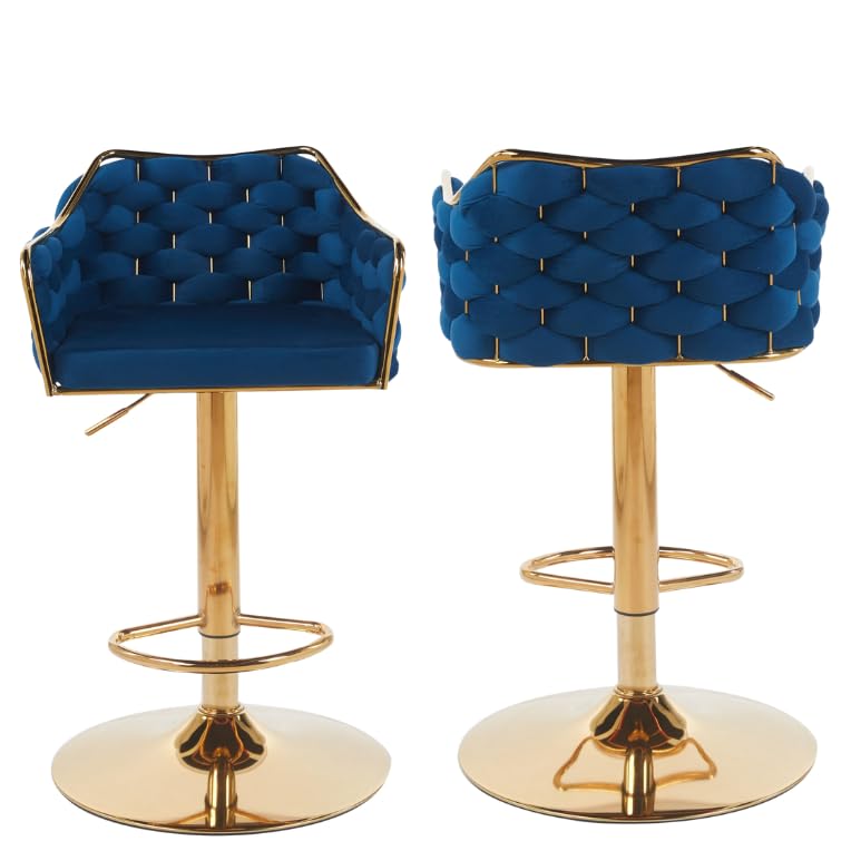 Image of Creative Swivel Bar Stool with Golden Plated Base Contemporary Blue Fabric Bar Stool with Gold Frame Suitable for Kitchen, Dining Area (Pack of 2)