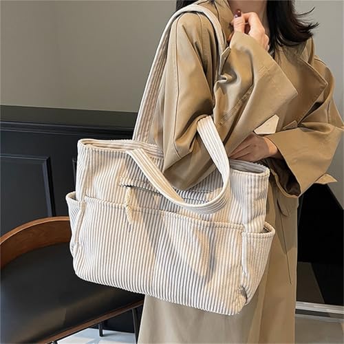 Image of Corduroy Tote Bag for Women, Multiple Pockets Large Hobo Shoulder Bag for Office & Shopping, Zipper Casual Handbags