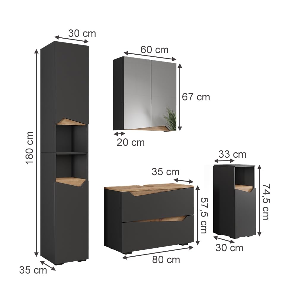 Vicco Zestaw mebli łazienkowych "Marelle", Antracyt, 80 cm | składa się z szafki pod umywalką, szafką z lustrem, wysoką szafką i średnio wysoką szafką