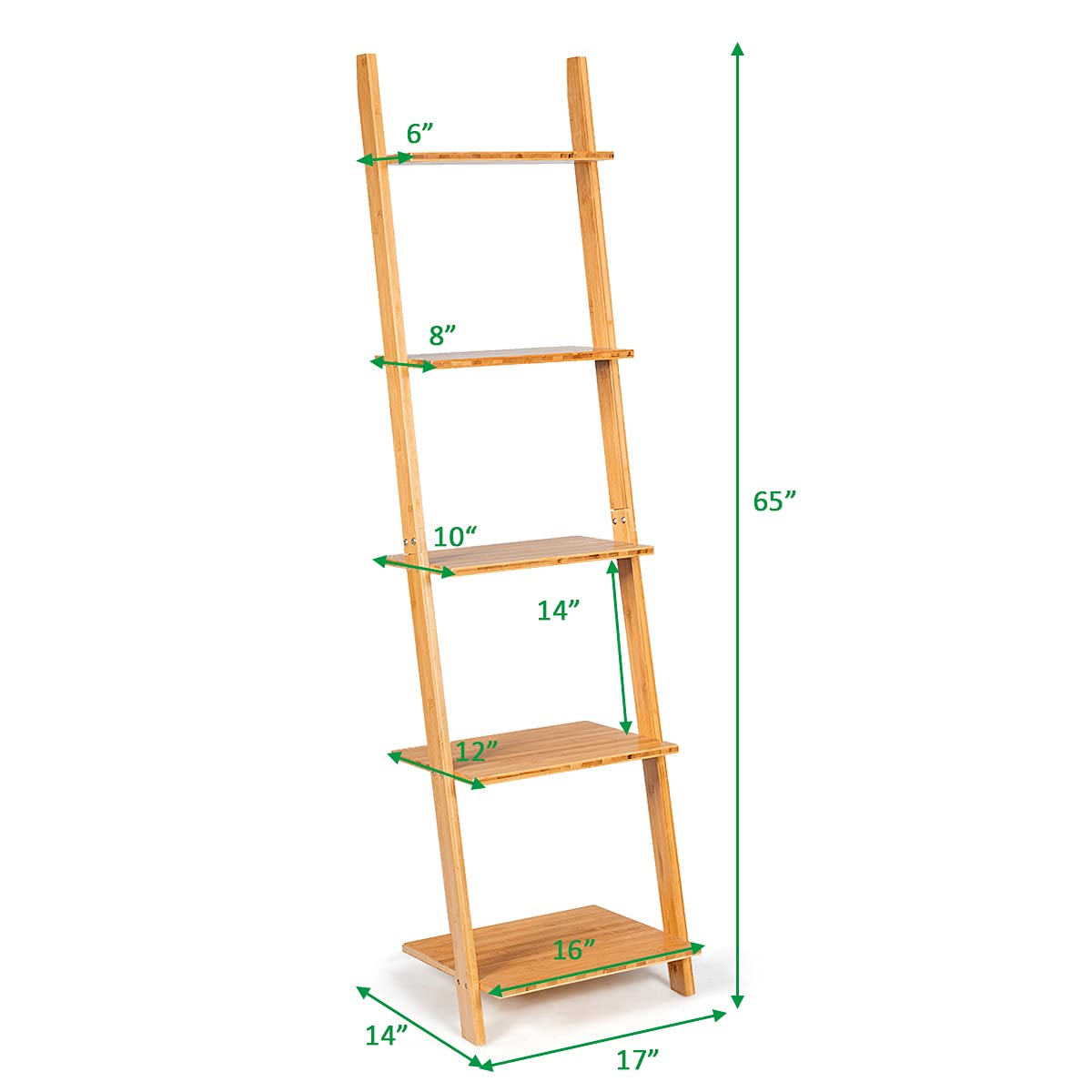 Tangkula Bamboo 5Tier Ladder Shelf Bookshelf, WallLeaning Bookshelf