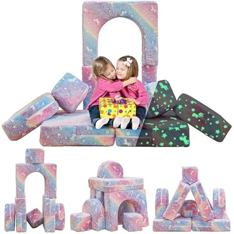 furlinkhm Modular Kids Play Couch, Kids Couch for Playroom Bedroom, Kids Couch Glow in The Dark, 5 Seconds Instant Expansion, Glowing Unicorns, Rainbow Cover