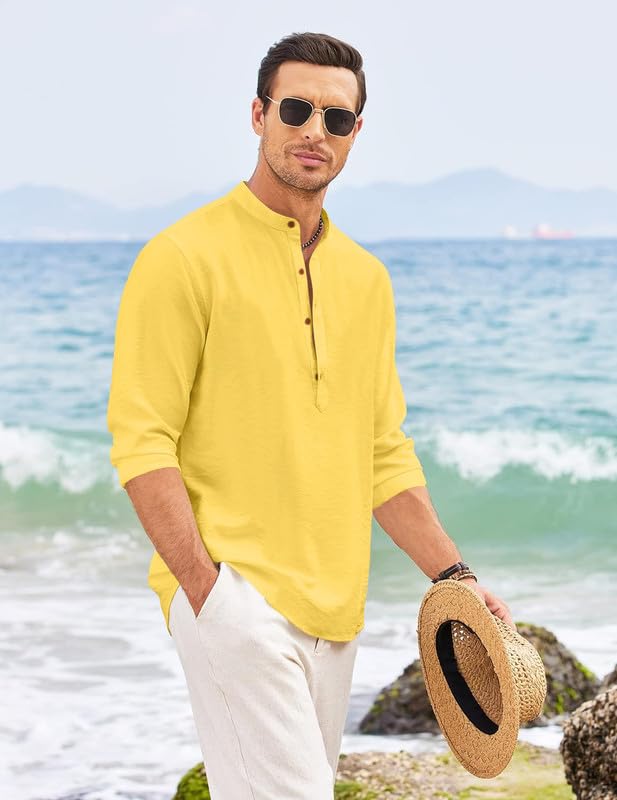 Image of Macsivo Men's Cotton Blend Henley Short Kurta with Mandarin Collar Long Sleeeve Button Closure Curved Hem Regular Fit | Kurta for Men Stylish