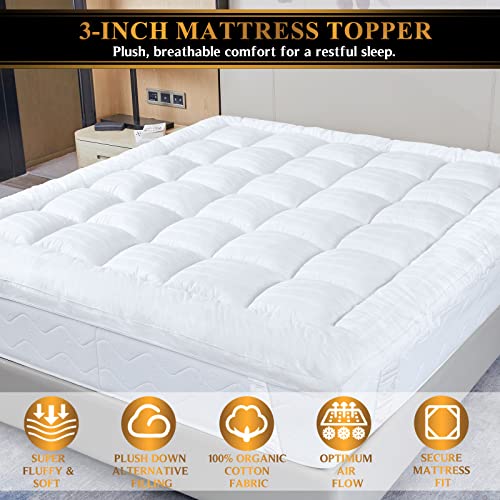 Extra Thick Pillow Top 3 Inch Mattress Topper King Size For Firm Mattress, Cooling Fluffy Cotton Hotel Mattress Bed Topper For Cloud Like Sleep & Back Pain, Plush Soft Pad, Fit To 6”-22” Mattress #TOP1