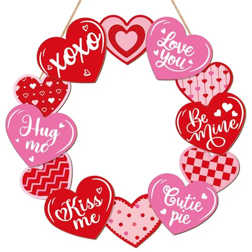 Wooden Valentines Day Door Wreath for Front Door Sign Glitter Heart Wall Signs Valentine Decoration, Sign Welcome Hanging Crafts for Home Farmhouse Wall Decor Party Outdoor Indoor Supply Heart