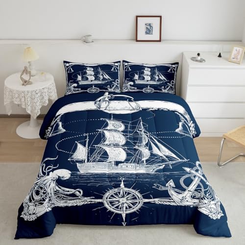 Ocean Retro Sailboat Duvet Insert Octopus Tentacles Ship Anchor Comforter Set Queen Size Boys Youth,Nautical Theme Sketch Bedding Set,Hand Drawn Compass Marine Life Bedroom Decor Navy Blue