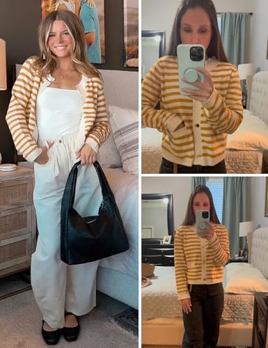 Lentta Womens Striped Knit Cardigan Sweater Crew Neck Long Sleeve Button Front Outerwear2