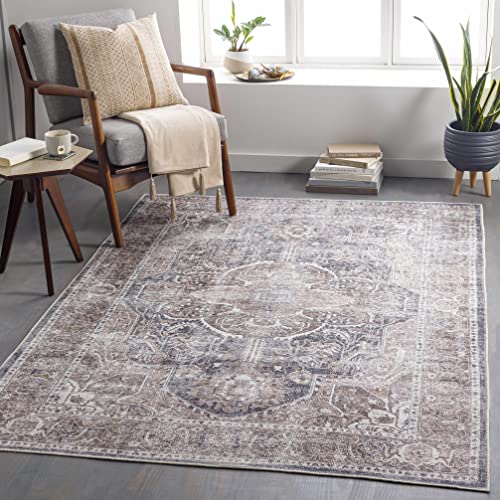 Image of Hauteloom Pegasus Turkish Oriental Medallion Living Room Bedroom Large Area Rug - 0.04 inch Pile Height - Machine Washable - Vintage Distressed - Traditional Faded - Brown, Navy Blue, Beige - 8'10 inch x 12'