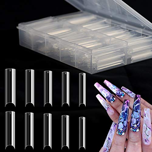 Extra Long C Curve Half Cover Nail Tips, 200PCS Extra Long Straight Shape Tips for Acrylic Nails with Box (Clear)