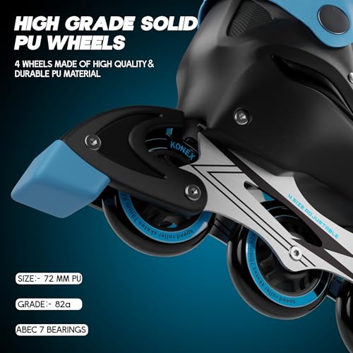 Image of Konex 4 Wheel Inline Skates for Boys,Girls & Youth | Adjustable PU Roller Skating Shoes with Corrosion Resistant Frame | Triple Safety with Buckle, Velcro Strap & Lace Up - Blue