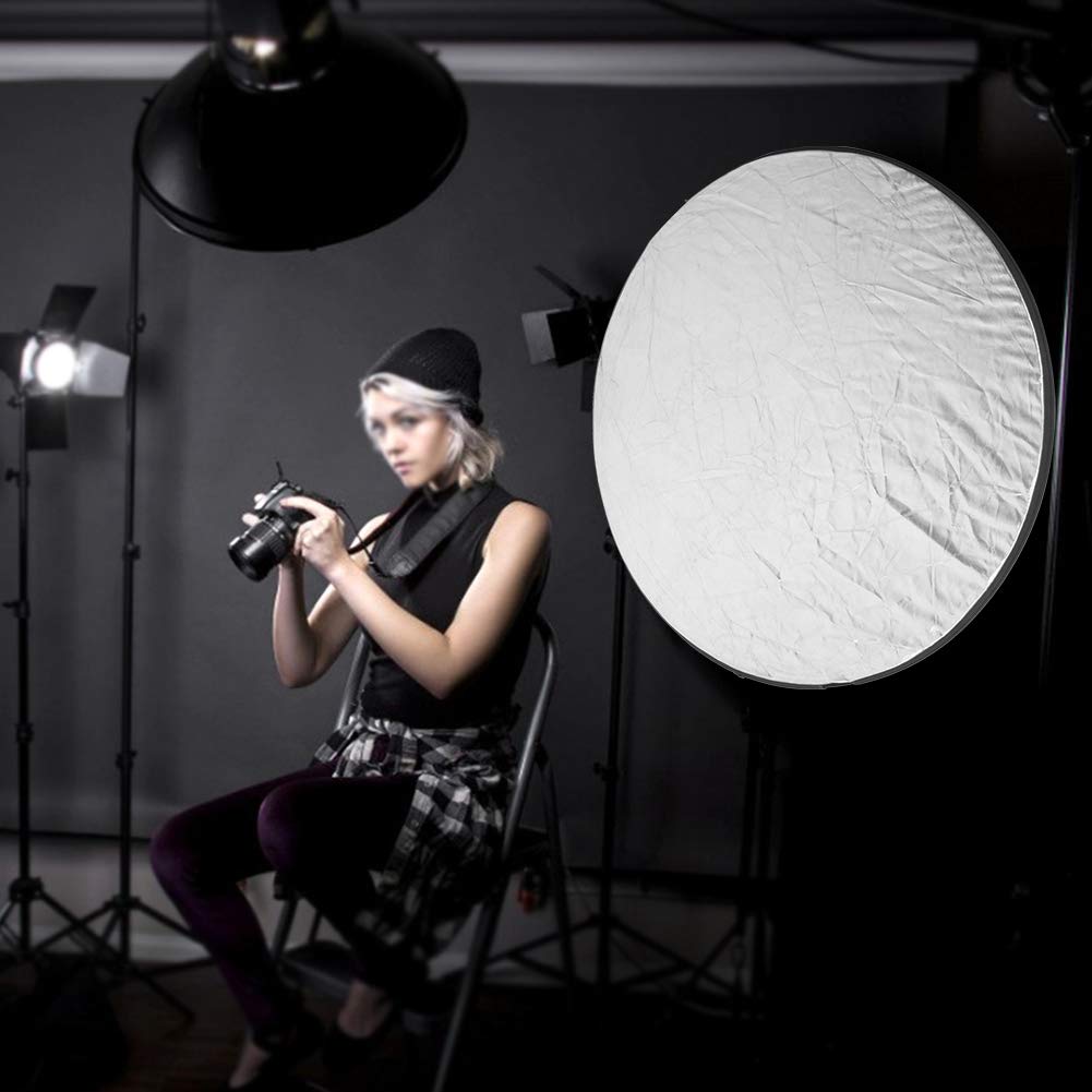 Pannello riflettente pieghevole 5 in 1 in tessuto riflettente rotondo con doppia maniglia, luce di riempimento fotografica con luce soffusa argento oro nero bianco, riflettore (110 cm)
