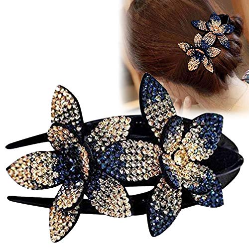Double Rhinestone Duckbill Flower Hair Clip, Flexible Durable Pearls Design Hair Dovetail Clip, Classic Fashion Headdress Styling Barrettes Clips for Women Girls (L, Champagne Blue)