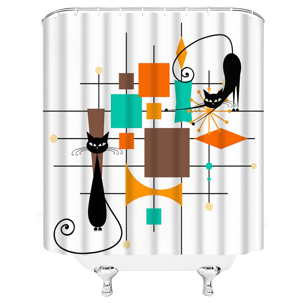 Rideau De Douche Chat Noir Rétro - Motif Étoiles Atomiques - 180x180cm Avec Crochets - Décoration Salle De Bain Originale