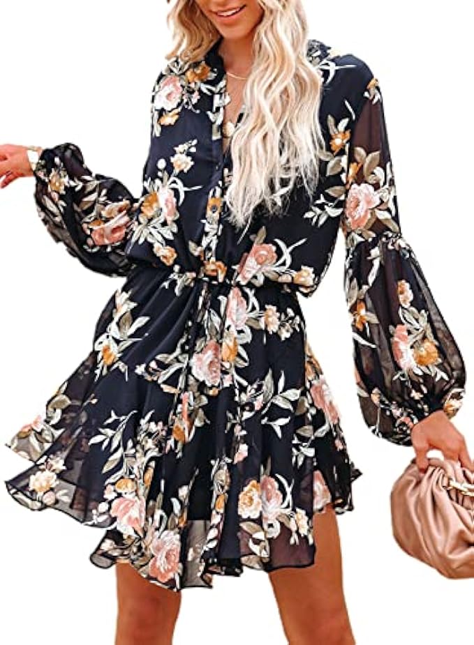 AlvaQ Womens Fall Summer Ruffle Lantern Sleeve Button Down Tie Waist Floral Print Swing Mini Dress