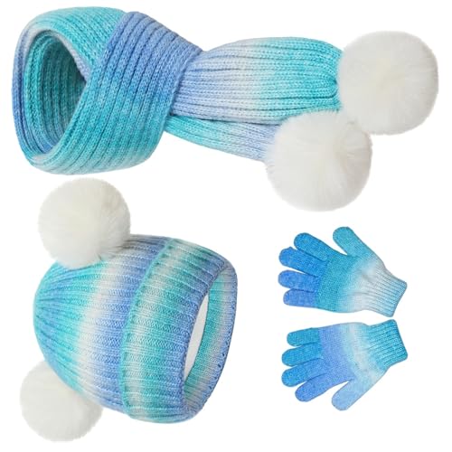 Juego de 3 piezas esenciales de invierno para bebé, gorro, bufanda, manoplas, tela cómoda, pompones, trajes fáciles de combinar, mezcla de lana, gorro de bebé con pompones, Azul Y Blanco, Talla única