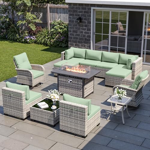 Image of 13-Piece Patio Furniture Set, Outdoor Patio Furniture with Swivel Chairs Set, Ottomans, 55,000 BTU Fire Pit Table, Modular Patio Sofa, Dual-Strand Rattan, Rust-Resistant Frame, Light Green