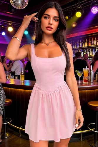 Image of Womens Square Neck Mini Dress Sexy Sleeveless Adjustable Straps Summer Cute A-Line Short Prom Cocktail Party Dresses