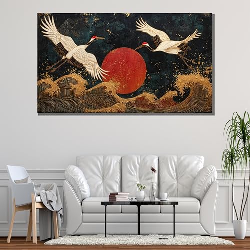 Tableau grues japonaises en vol : impression sur toile haut de gamme avec cadre 30x50