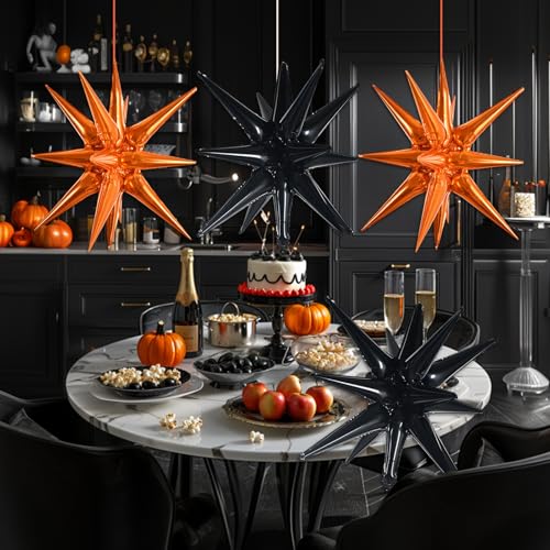 Image of TONIFUL 4 Pcs Explosion Star Balloons Black and Orange Foil Party Decor | 22 Inch Large Mylar Star Balloon for Halloween Party Decor Graduation Sport Themed Birthday Baby Shower Photo Booth Supplies