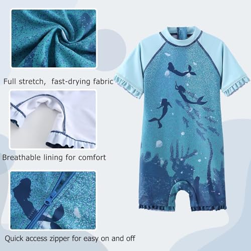 Image of Girls One Piece Rash Guard Swimsuits for Kids UPF 50+ Sun Protection Short Sleeve Swim Shirt
