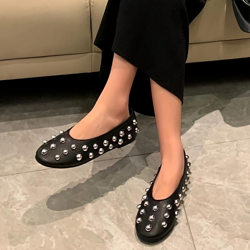 Women's Black Rivet Embellished Ballet Flats, Comfortable Slip-On Casual Shoes with Rubber Sole, All-Season Solid Color Footwear3