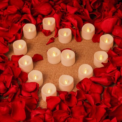 Image of 200 PCS Dried Real Red Rose Flower Petals for Wedding, 1.76oz Preserved Freeze Flower Girl Petals with 12 PCS LED Tea Lights Candles for Romantic Night Wedding Proposal Centerpeice Shower Party Decor