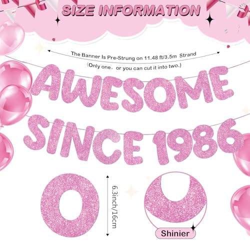 Image of Fulmoon Pre-strung Awesome Since 1986 Banner Glitter Happy 40th Birthday Banner Funny 40th Birthday Decorations 1986 Party Decorations for Men Women Anniversary(Pink)