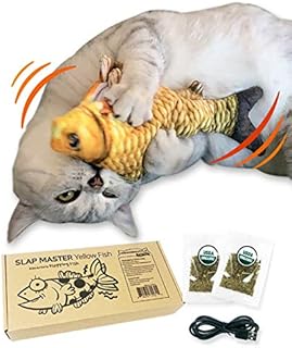 Moonshuttle Electronic Flopping Fish Cat Toy Slap Master, Dancing Fish, Cat Kicker Fish Toy, Organic Catnip, Rechargeable, Interactive Cat Toy, Cat Exercise Toy (Yellow Fish)