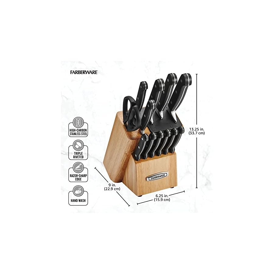 Farberware Self-Sharpening 13-Piece Knife Block Set with EdgeKeeper Technology, High Carbon Stainless Steel Kitchen Knife Set with Ergonomic Handles, Razor-Sharp Knife Set, Natural