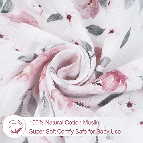 Phf 4 Pack 100% Cotton Baby Muslin Swaddle Blankets, Super Soft Breathable Comfy Baby Swaddle Wrap Set, Receiving Blanket For Infant Baby Girls&Boys, Floral/Flower/Pink/Wave #TOP3