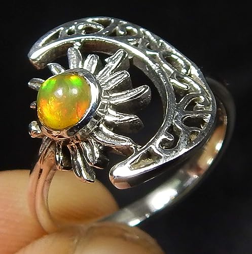 Image of Crescent Moon And Sun Natural Ethiopian Multi Fire Opal Ring 925 Sterling Silver Ethiopian Opal Ring Jewelry Vintage Ring Gift For Her