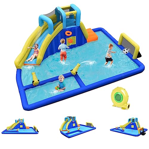 GOPLUS   Castillo hinchable con tobogán y pistola de agua, zona de juegos acuática con entretenimiento múltiple, ideal para niños mayores de 3 años (con soplador de 680 W)