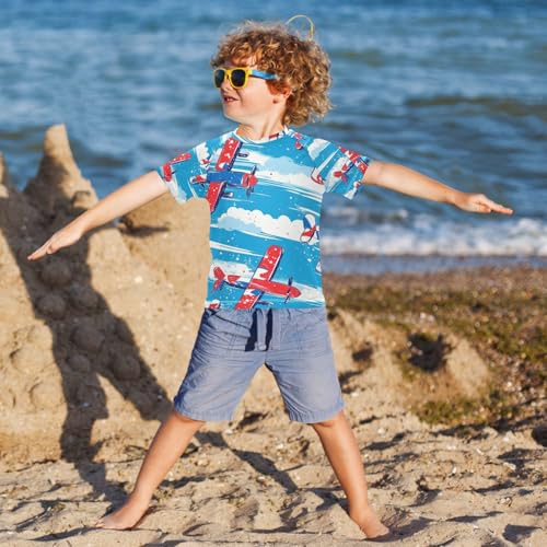 Boys Swing Shirts Airplane Sky Blue Helicopter Rashguard Short Sleeve Kids T-Shirts Sun UPF 50+4