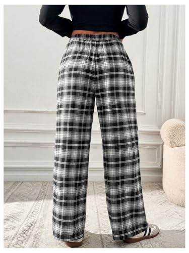 SHENHE Women's Plaid High Drawstring Waist Pants Wide Leg Loose Casual Long Pants2