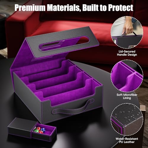 Image of Trading Card Storage Box - 3500+ Magnetic MTG Deck Box with Handle,Commander & Toploader Display, Dice Box,4 Dividers & 30 Color Labels-Fits for TCG,MTG,Yu-Gi-Oh and Sport cards(Black /Purple)