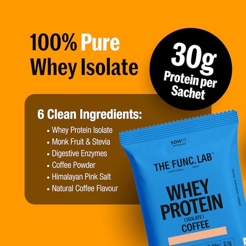 Image of The Func. Lab Whey Protein Isolate - Coffee Travel Packs | (4 * 35g Sachets) Pack of 2 | Grass‑Fed, 30g Protein per Scoop | High Protein Supplement with Digestive Enzymes for better Absorption