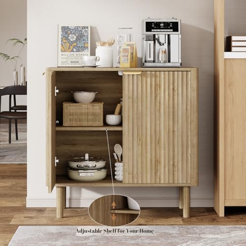 Sideboard Buffet Cabinet with Storage, Modern Fluted Accent Credenza with Doors & Adjustable Shelves, Wood Coffee Bar Console Table for Living Room, Dining Room, Kitchen or Entryway 31.5" Oak - Image 5