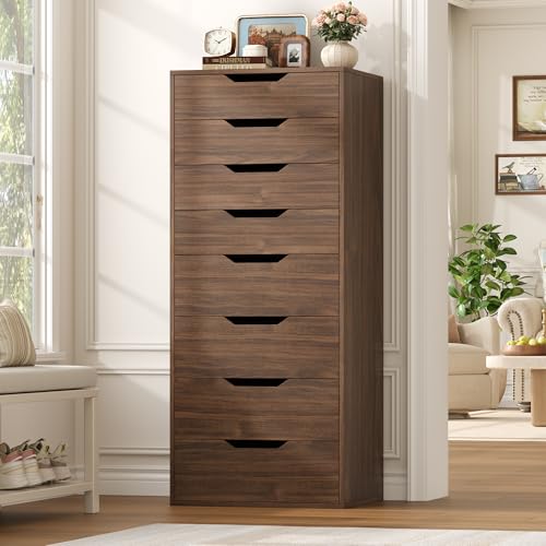 FACBOTALL Tall Walnut Dresser 8 Drawer Dresser with Groove Handles Walnut Tall Dressers Modern Chest of Drawers with Large Storage Space for Home Office